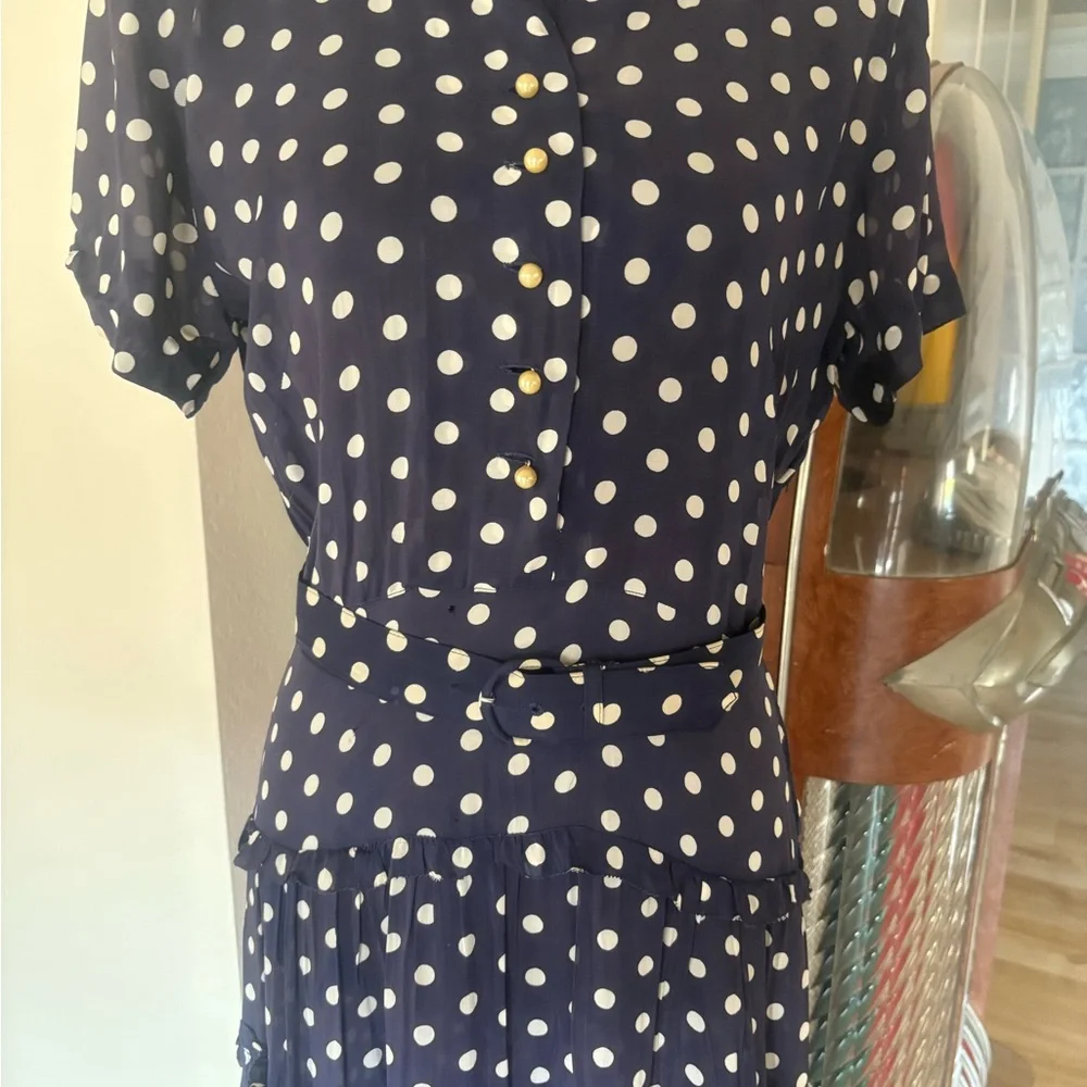 Navy Blue and White Polka Dot Shirtwaist Dress - Picture 2 of 11